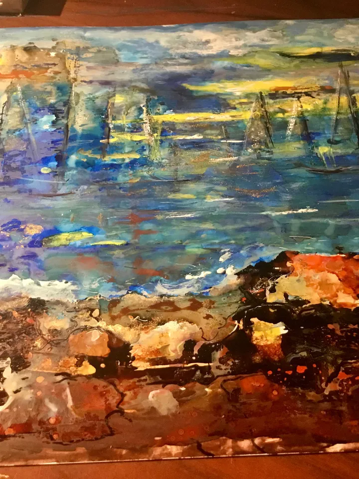 Sunset mirage,mix media painting on yupo paper,fantasy sea boats abstract painting,gift,home decoration,wall hanging