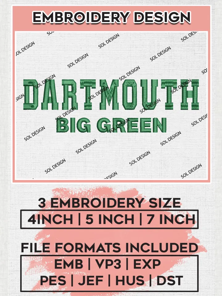 Dartmouth Big Green College Football Team Writing Logo Embroidery Design Files, NCAA Dartmouth Big Green Machine Embroidery, NCAA Teams, Game Day, 3 sizes, NCAA Machine embroidery designs, Digital Download
