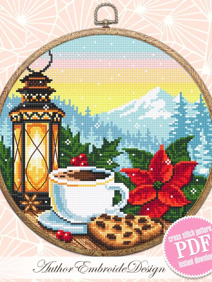 Christmas coffee cup cross stitch pattern PDF download Cozy cross stitch chart, Christmas pattern digital PDF, Mountain landscape #N190