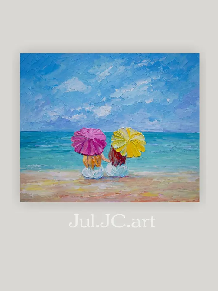 Two Girls Painting Original art Two Sisters Painting Seascape artwork Beach painting Coastal art 10 by 12 inch