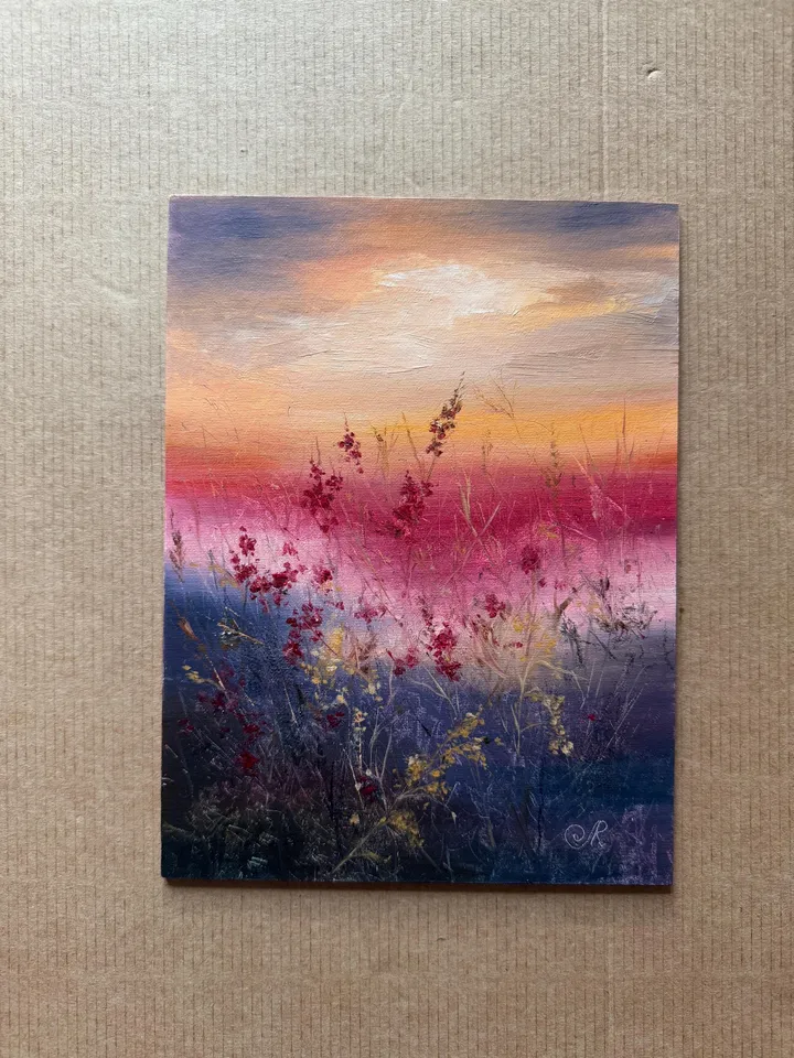 Sunset Oil Painting Meadow Wall Art Field Original Painting
