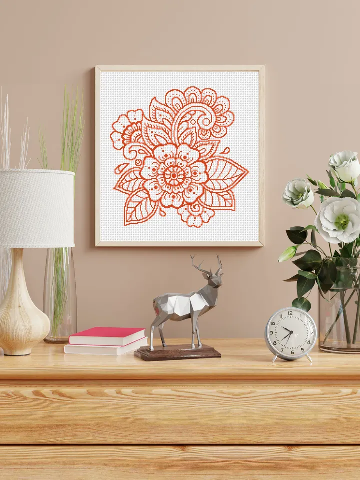Flower mandala cross stitch pattern download PDf, Monochrome floral ornament cross stitch chart, Flowers embroidery PDF, DIY Home decor #M57