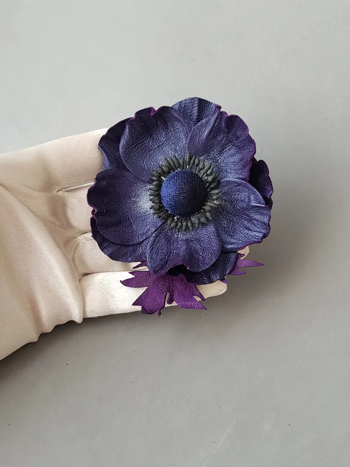 Dark blue leather brooch for her, Leather women's jewelry