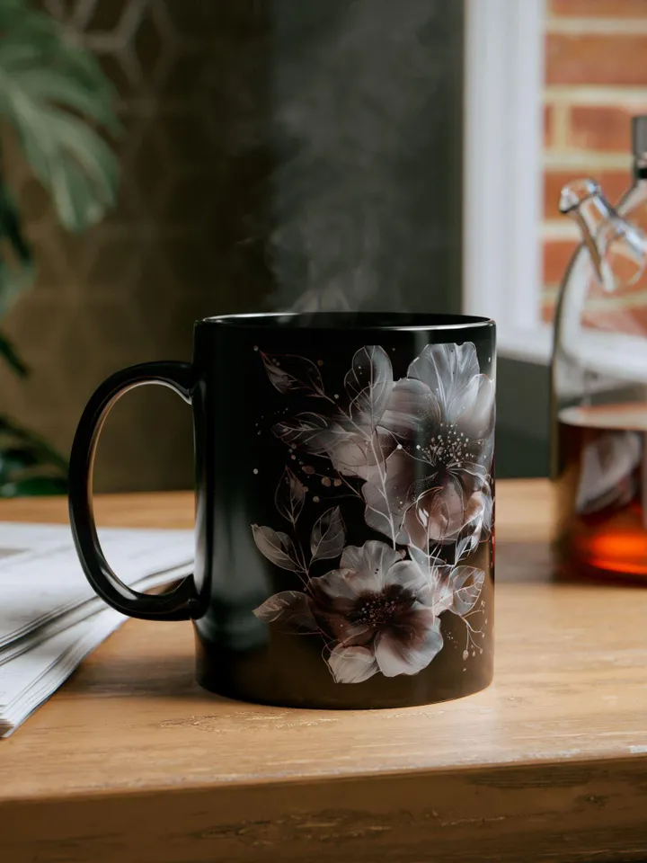 Black Floral Mug, Coffee Lover Gift, Tea Cup, Home Decor, Chic Kitchen Accessory, Ceramic 11oz 15oz