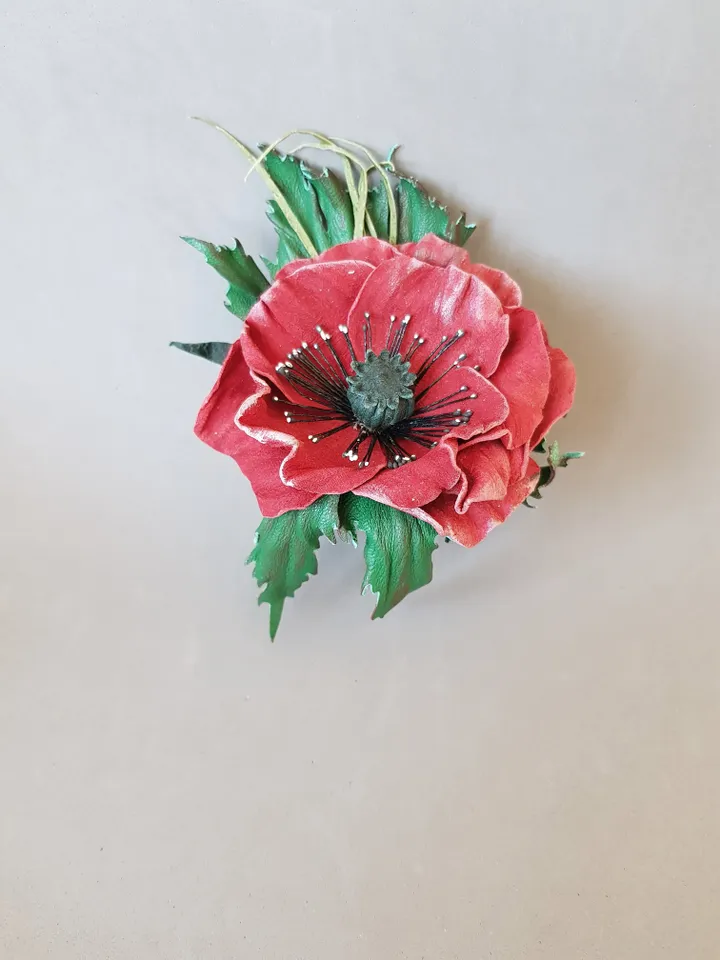 Leather brooch poppy for her, Leather womens jewelry