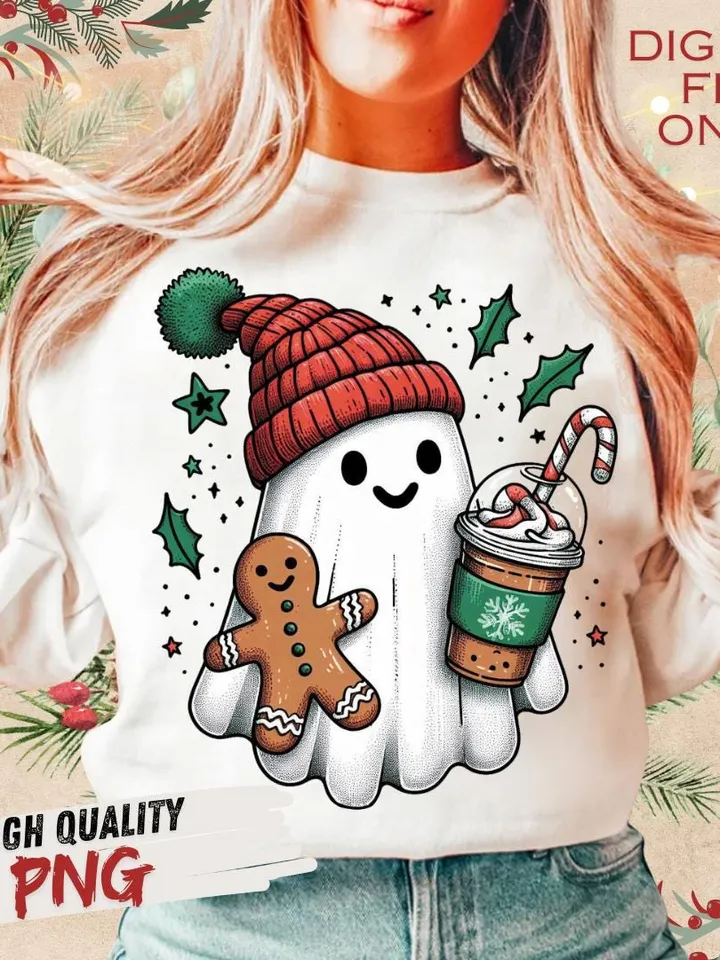 Vintage Christmas Ghost PNG for Retro Coffee Decor & Halloween Fun, Holiday PNG, Boojee Ghost - Spooky Holiday Decor, Christmas Trending Png