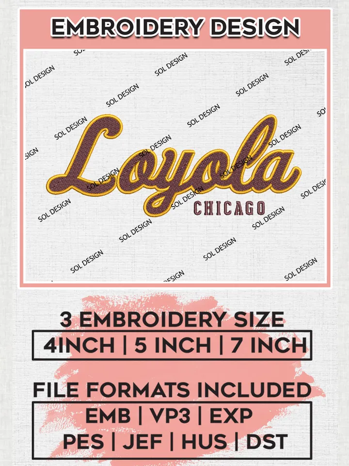 Loyola Chicago College Football Team Writing Logo Embroidery Design Files, NCAA Loyola Chicago Ramblers Machine Embroidery, NCAA Teams, 3 sizes, NCAA Machine embroidery designs, Digital Download
