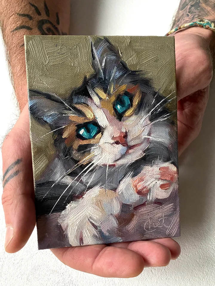 Cat oil painting original, Pet portrait artwork, Animal miniature wall art 4x6