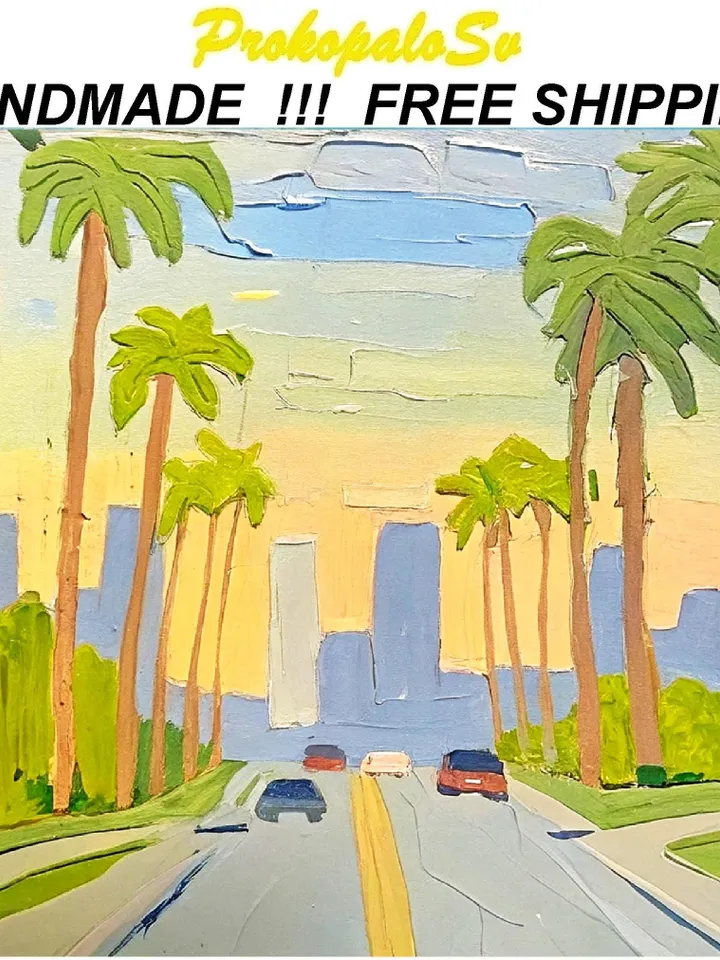 Los Angeles Painting Street Original Art Impasto Scene Sunset Boulevard Impressionist Oil Painting Palm Trees Car Cityscape Art Gift