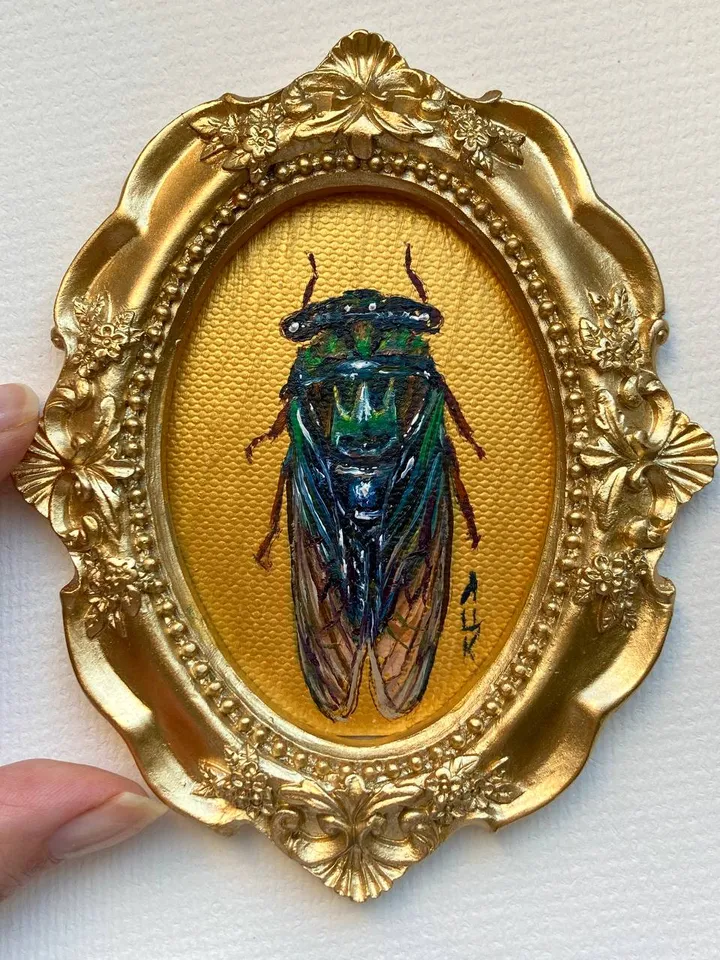 Framed Insect Oil Painting Original Entomology Art Cicada Painting Gold Frame Dark Academia