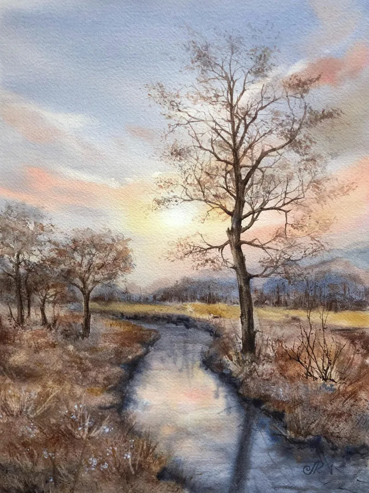 Original Landscape River Watercolor Painting Autumn Wall Art