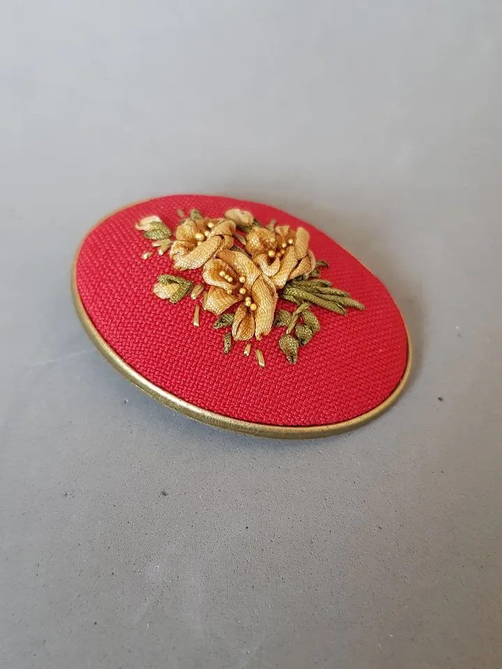 Ribbon embroidered red brooch for her, embroidered jewerly
