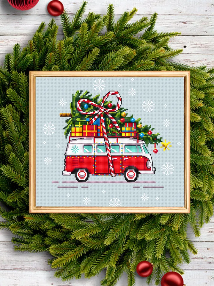 Christmas tree van cross stitch pattern download PDF Holiday hand embroidery Red truck christmas cross stitch Christmas pattern digital #N19