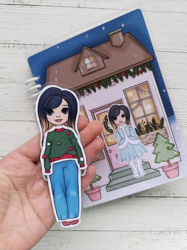 Christmas Paper doll house printable, printable doll with a set clothes, Holiday Blythe paper doll dress up, Busy book printable crafts kids