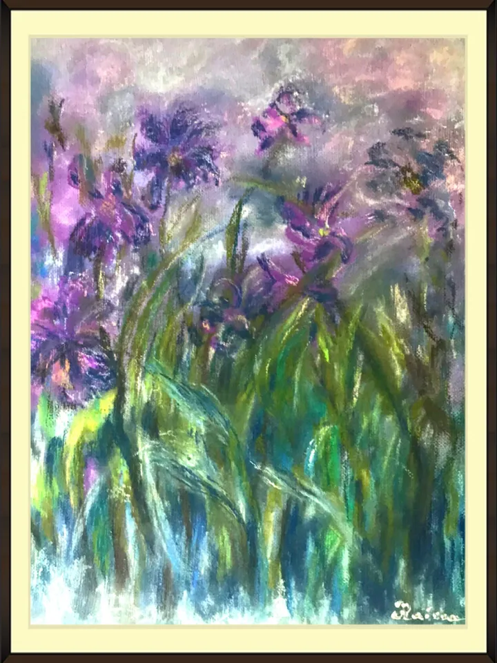 Irises painting,Iris flowers wall art pastel on canvas board impresionist style.