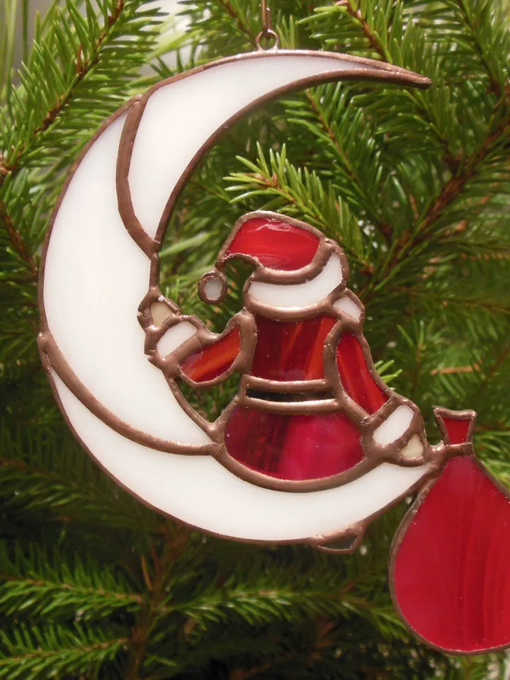 Santa Claus on the Moon . Idea for Christmas gift . Art stained glass window hanging Suncatcher , suspension Suncatcher . Red and White
