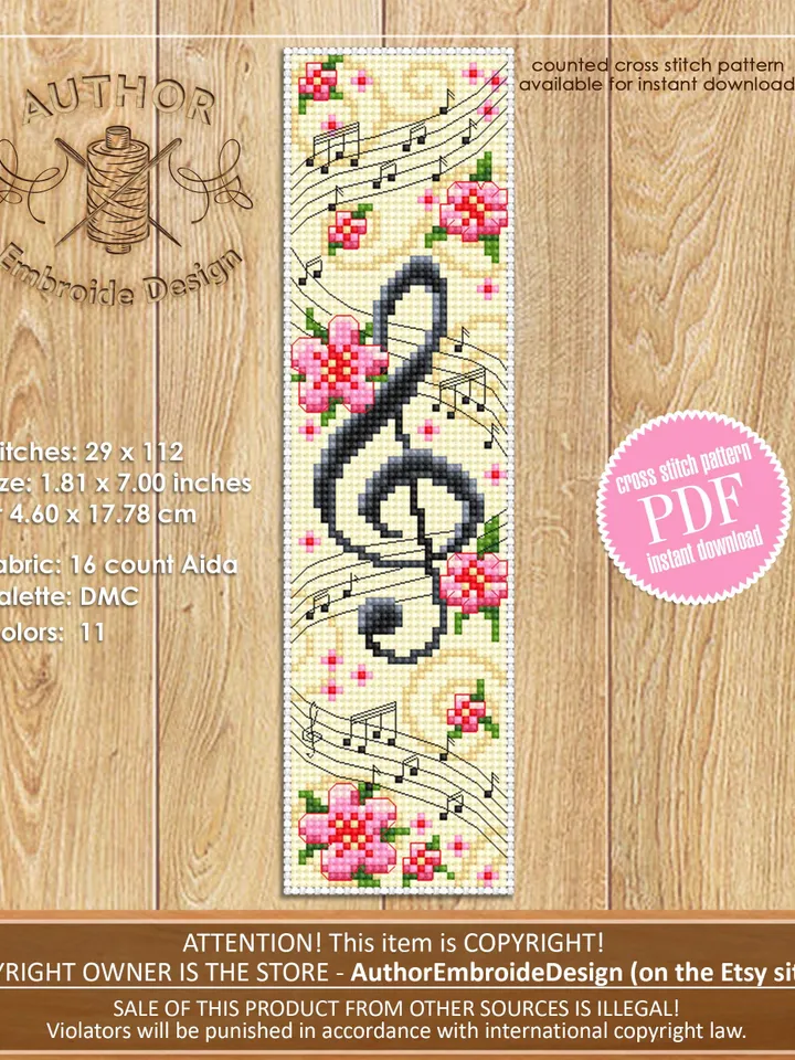 Music bookmark set cross stitch pattern PDF download Treble clef cross stitch chart, Flower bookmark pattern digital, Music lover gift #B412