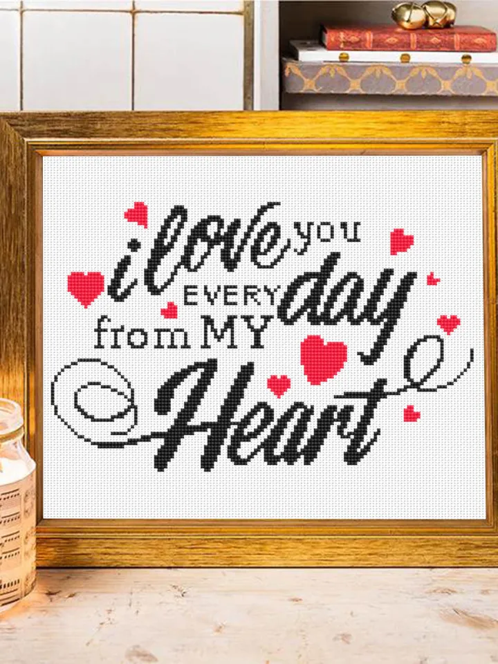 Love quote cross stitch pattern download PDF Love lettering I love you every day cross stitch chart, Valentines day gift Beginner stitch #V4