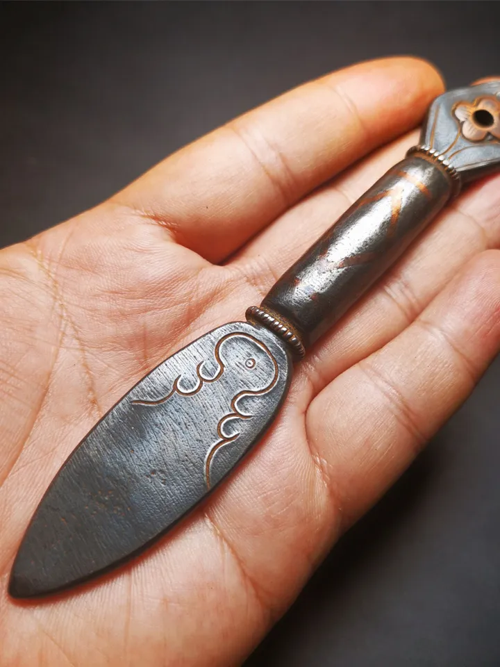 Gandhanra Tibetan Amulet Vajra, Kila Dagger (Dorje Phurba),Dharma Ritual,Made of Cold Iron inlaid with Copper