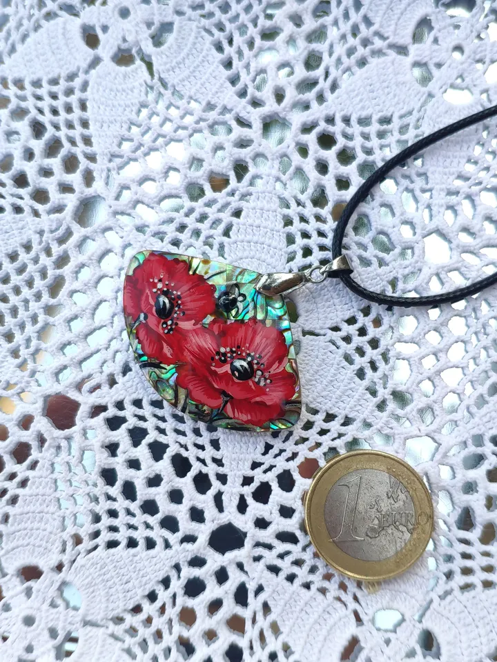 Pearl pendant necklace: Red poppies on Elegant abalone shell necklace. Aesthetic Mother of pearl pendant. Stylish graceful gift for her