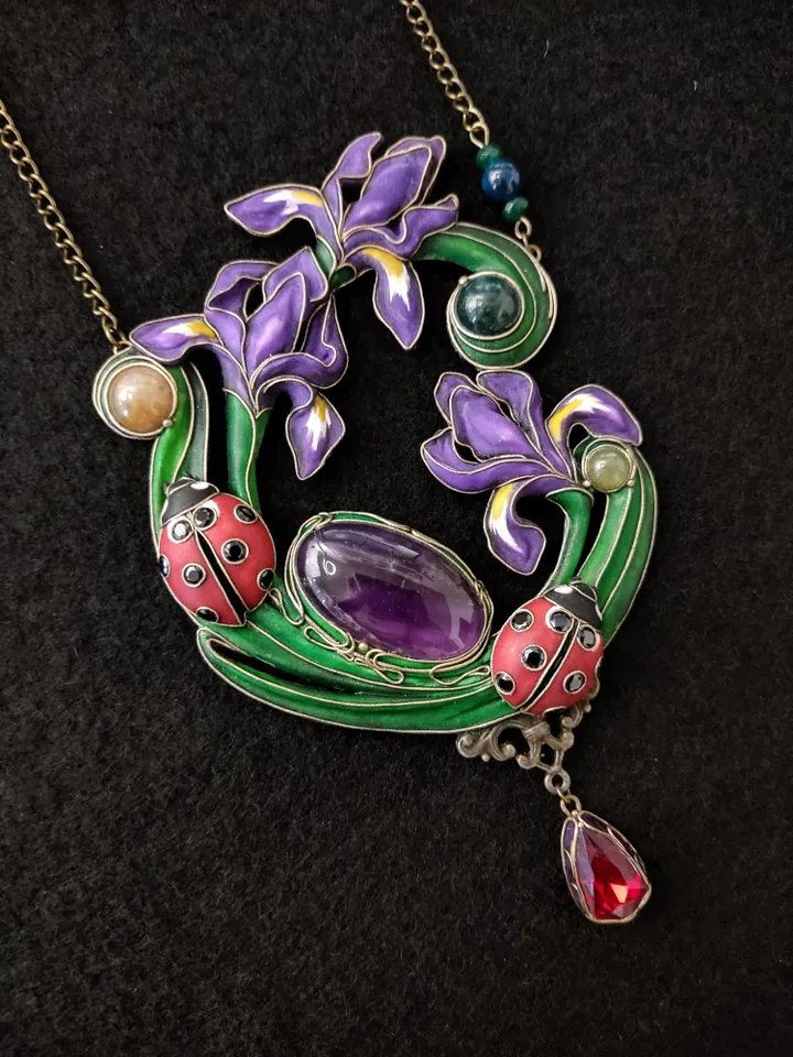 Japanese Iris, Fringed Iris Necklace, Shaga Flower, Ladybugs necklace