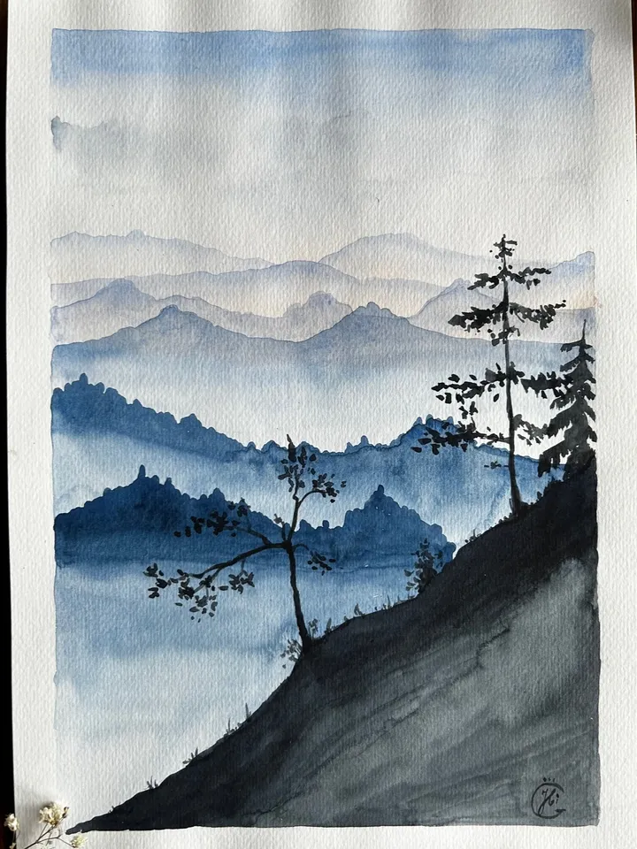 Original watercolor drawing mountains and fog