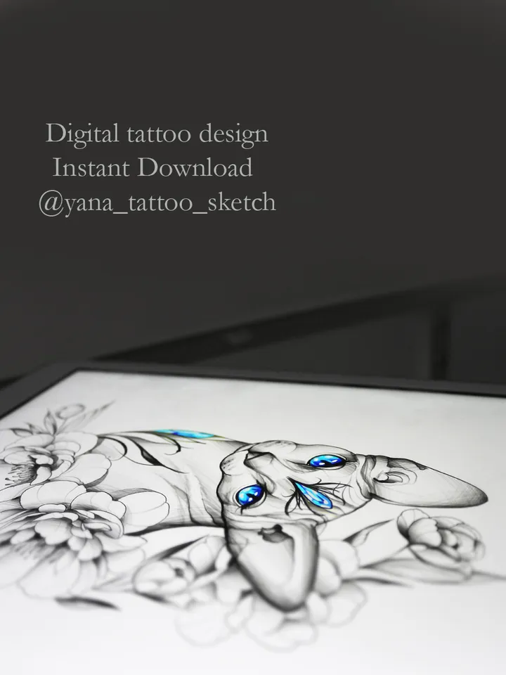 Sphynx Cat Tattoo Design Cat Sphynx Tattoo Idea Stencil Sketch, Instant download PDF, JPG