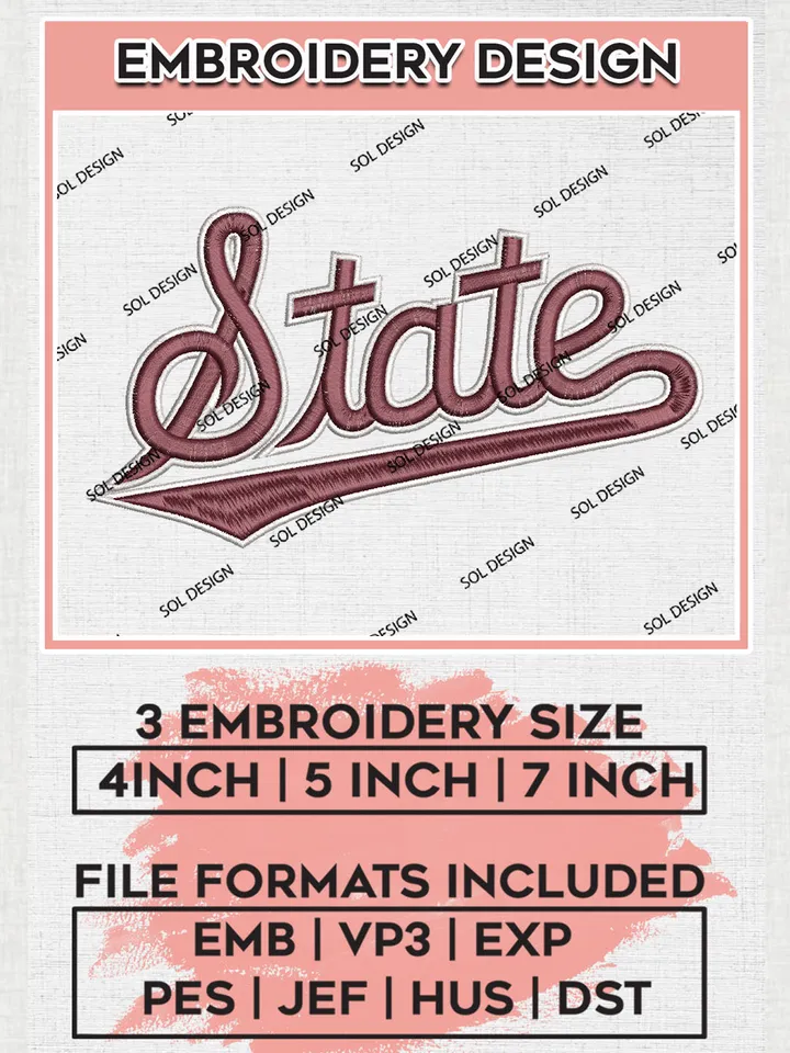 NCAA Mississippi State Team Word Logo Embroidery Design Files, NCAA Mississippi State Bulldogs Machine Embroidery, NCAA Teams, 3 sizes, NCAA Machine embroidery designs, Digital Download