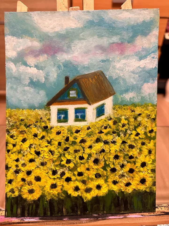 Oil Painting Country House in Sunflower Fields Agriculture Rural Landscape Flowers Nature Summer Vacation Wall Decor Miniature New Unframed Cardboard 9x7 Inches 24x18 cm