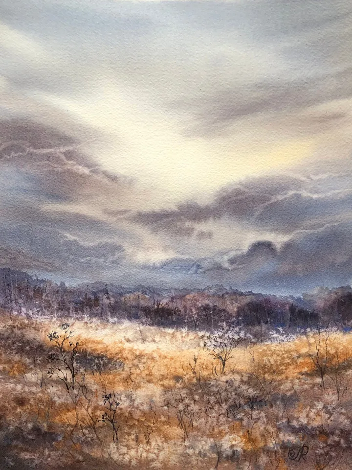 Landscape Watercolor Painting Fields Landscape Meadow Painting