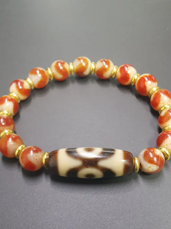 Gandhanra Tibetan Dzi Bead Bracelet,Fire Agate 3 Eyes Dzi Bead Bracelet,Protective Amulet Bead Jewelry