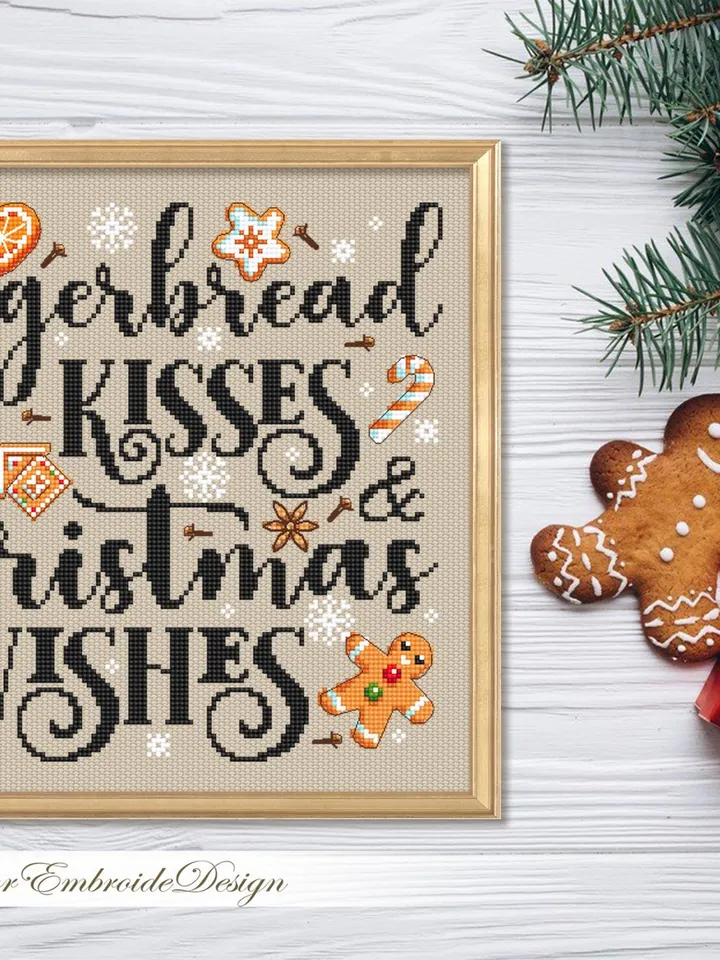 Christmas gingerbread cross stitch pattern PDF download Gingerbread kisses and christmas wishes, Merry Christmas pattern digital PDF #N169