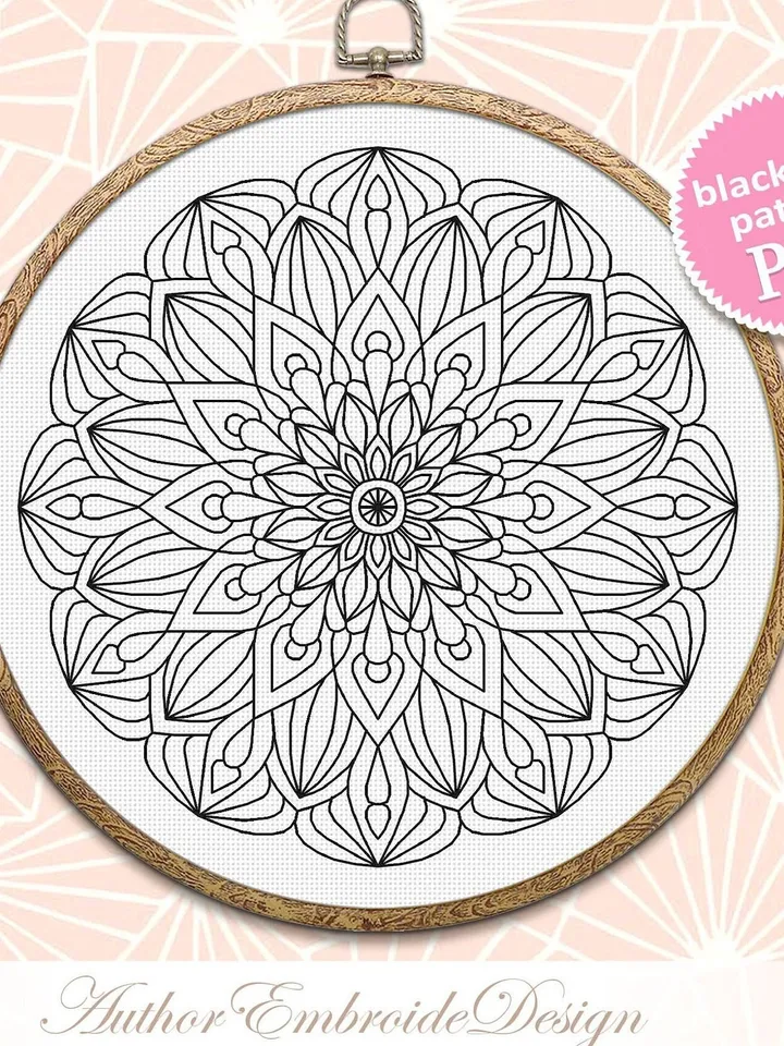 Floral mandala blackwork pattern PDF Backstitch chart Mandala ornament, Blackwork mandala embroidery download PDF, Blackwork embroidery #W26