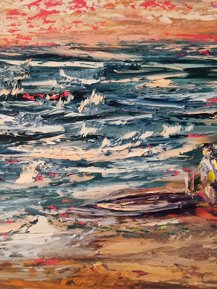 Sailboat Surfing Sea Sunset Seagulls Original Art Oil Painting Artist Svinar Oksana