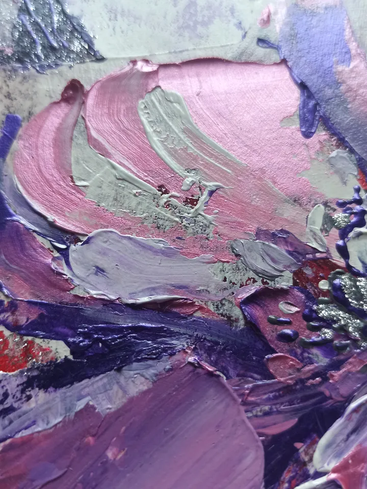 Abstract painting with garden flowers, "Peony flower", original acrylic painting on cardboard 25x20cm in a white wooden frame