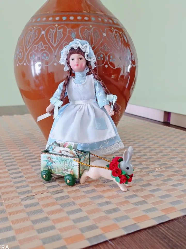 Vintage Easter bunny with a cart. Dollhouse miniature. 1:12. handmade.