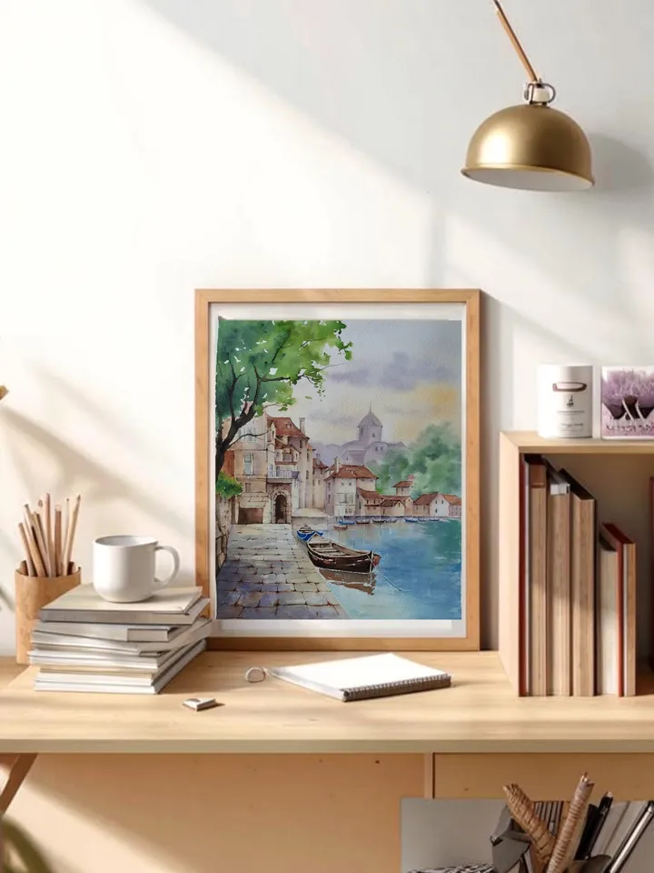 Original Watercolor Painting Cozy Landscape Art Italian Town Artwork Town Siesta Picture Sunny Day 30x40 cm by SoftWaves