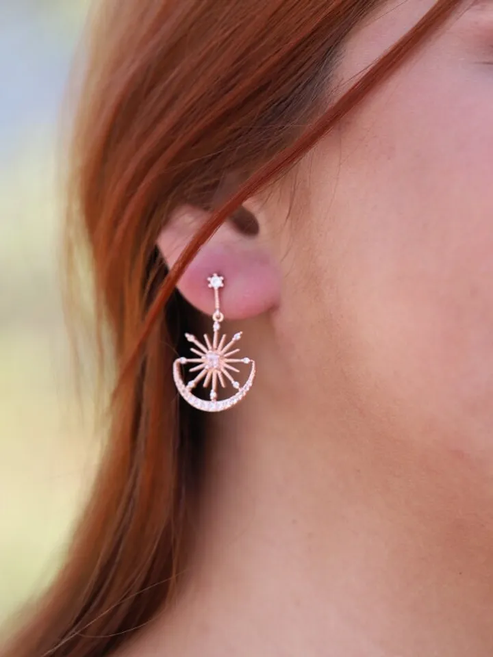 Rose Gold Moon and Star Hoop Wedding Earrings, Celestial Boho Bridal Earrings, Bridesmaid Gift, Dangle Earrings Bohemian Jewelry, Jewellery