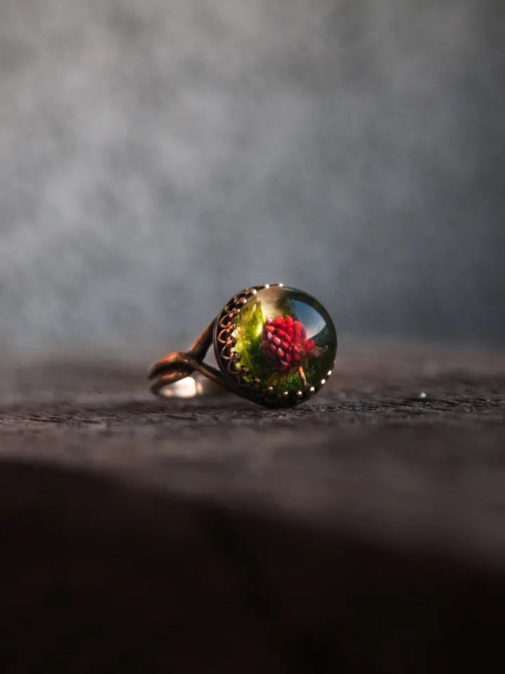 Real strawberry ring. Adjustable size resin jewelry