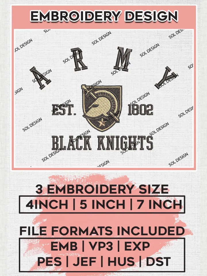 Army Black Knights Est 1802 Logo Embroidery Designs, NCAA Army Black Knights Team Embroidery, NCAA Team Logo, 3 sizes, Machine embroidery Files, Digital Download