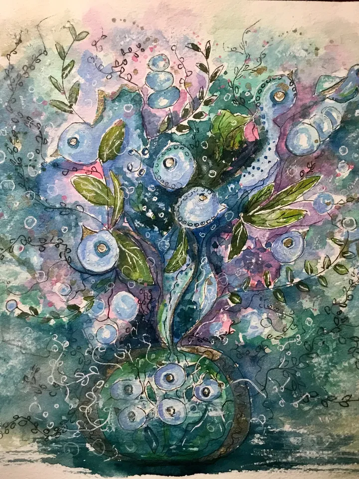 Floral fantasy original watercolor painting on paper, unique handmade artwork, wall art, home decor, blue green pink abstract fantasy art.