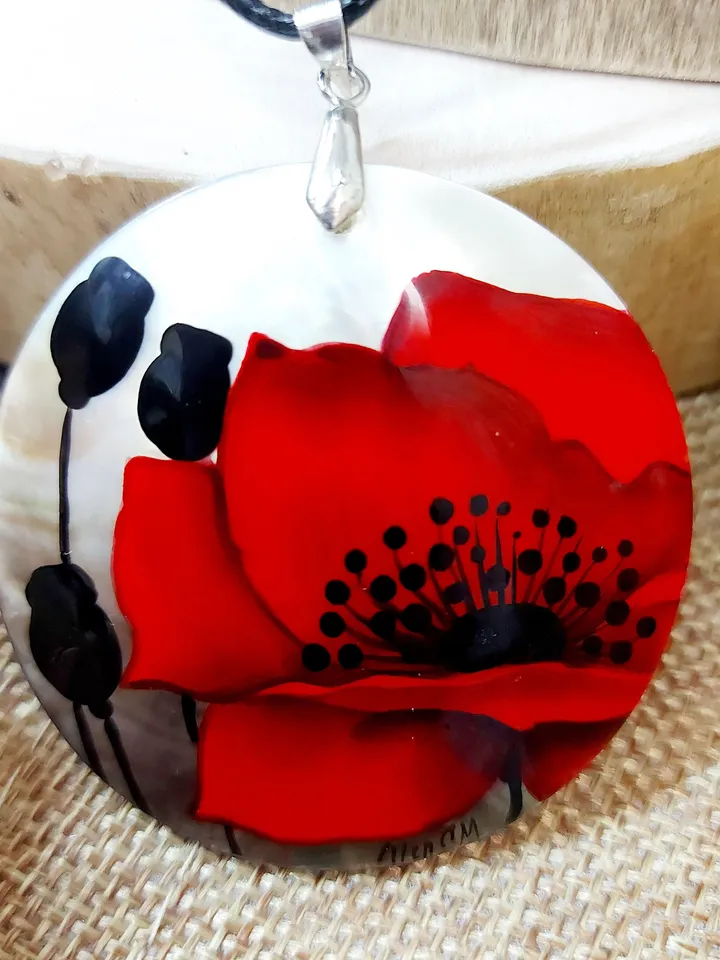 Pearl pendant necklace: Big Red Poppy hand painted on Abalone Shell Pendant • Aesthetic flower design on graceful necklace for her dress