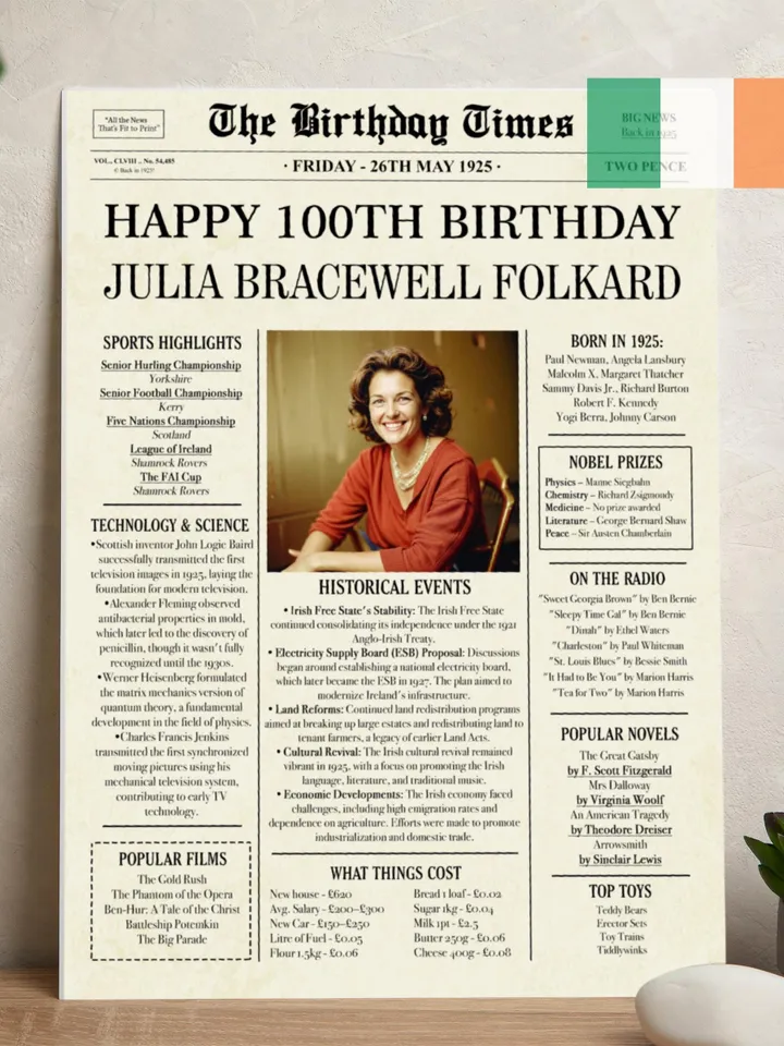 100th Birthday Newspaper Poster with Ireland Highlights, 100th Birthday Ideas, 1925 birthday Irish Sign, Born in 1925 Gifts & Decor