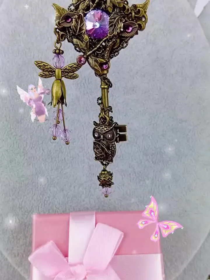 Vintage Pink Key - Necklace “Forest Goddess” with Swarovski