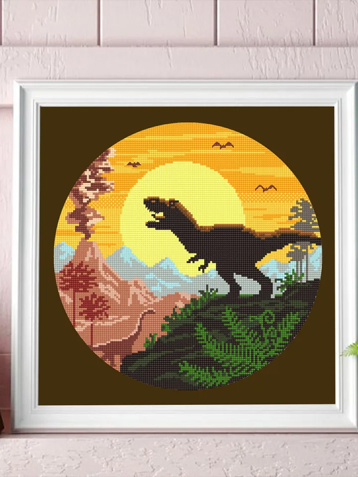 Dinosaur cross stitch pattern download PDF, Ancient animal cross stitch chart, Mountain landscape cross stitch, Nature beginner stitch #D6