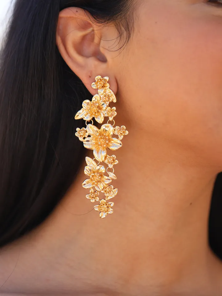 Extra Long Flower Wedding Earrings, Floral Bridal Earrings, Boho Wedding Earrings, Clip-on Bridal Earrings, Chandelier Statement Earrings