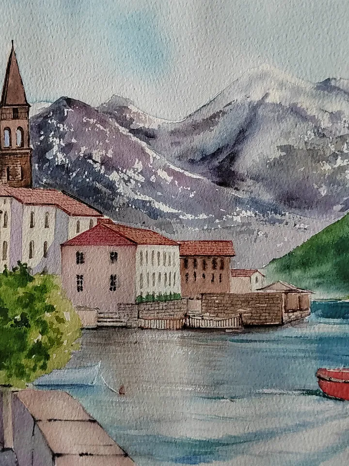 Original Watercolor Painting Montenegro Landscape Art Old Budva Artwork Coast of Montenegro Picture 30x40 cm by SoftWaves