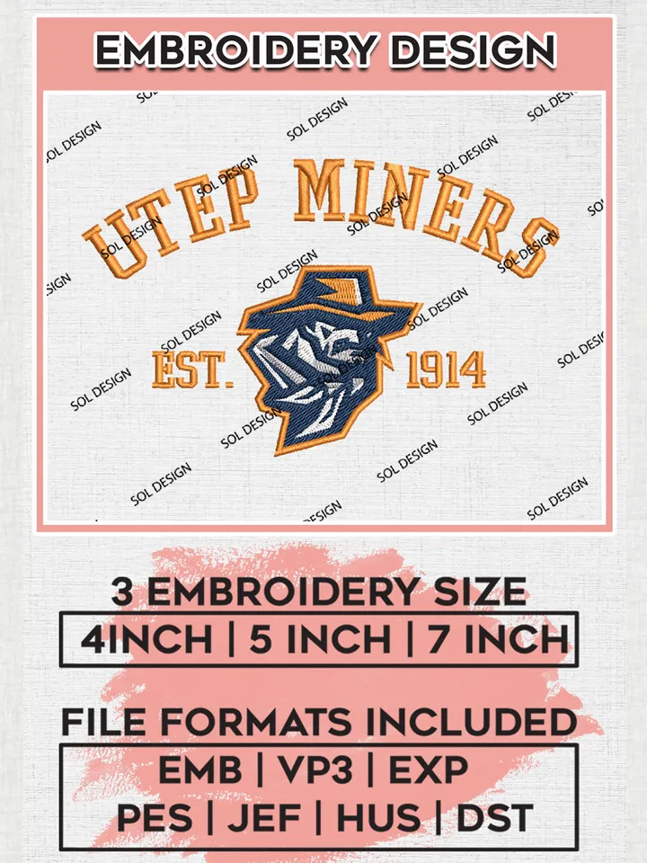 UTEP Miners Est 1914 Embroidery Designs, NCAA UTEP Miners Team Embroidery, NCAA Team Logo, 3 sizes, Machine embroidery Files, Digital Download