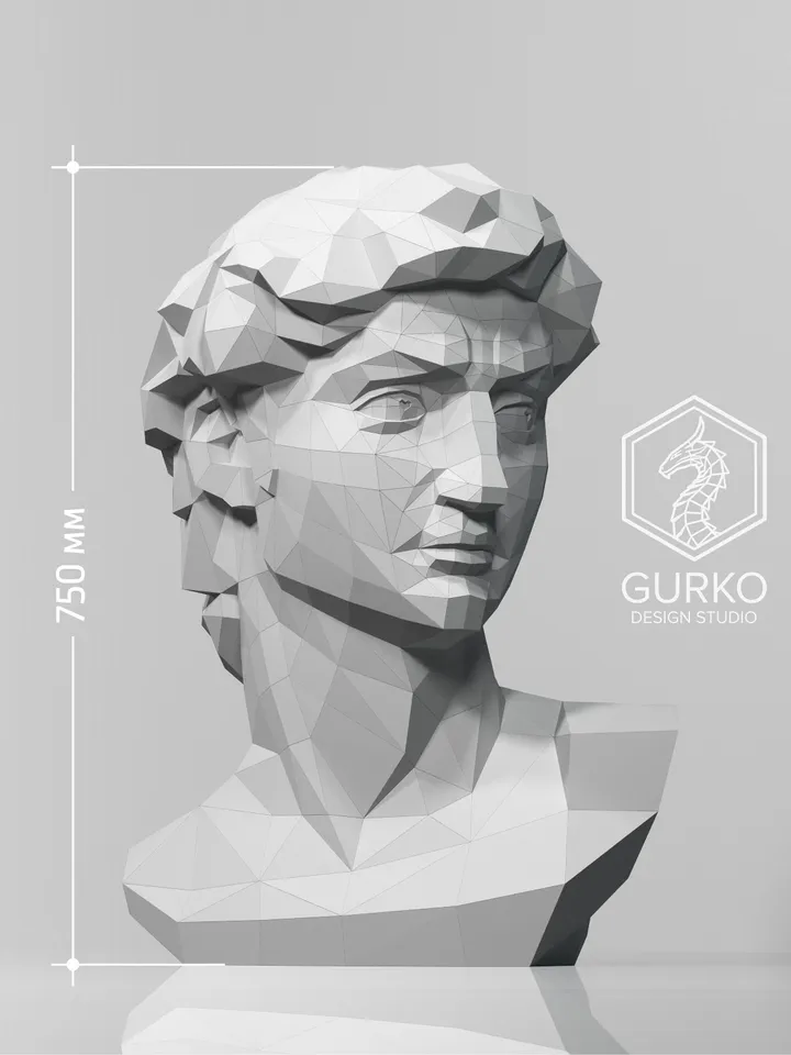 Bust of David (750 mm) Papercraft, Digital Template, PDF Download, Gurko, 3D Low Poly, Pepakura, DIY Origami Sculpture, Paper Decor, Gift