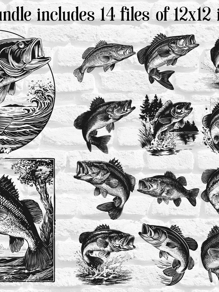 Bass Vector 14 Designs Bundle Fishing SVG files Jumping Bass PNG for Sublimation, Cricut, Fishing Laser Cut, Slate Engraving, Prints